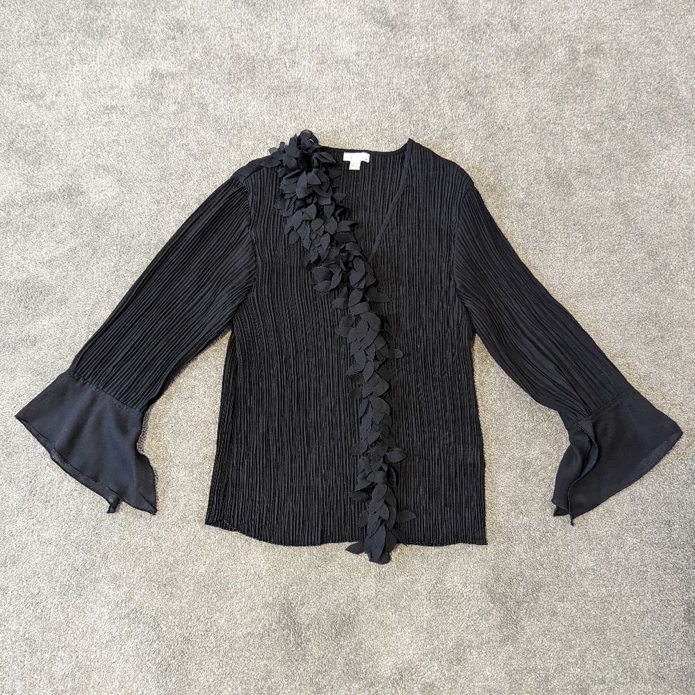 Jaipur Ruffle Pleated Bell Sleeve Blouse Size Medium Black